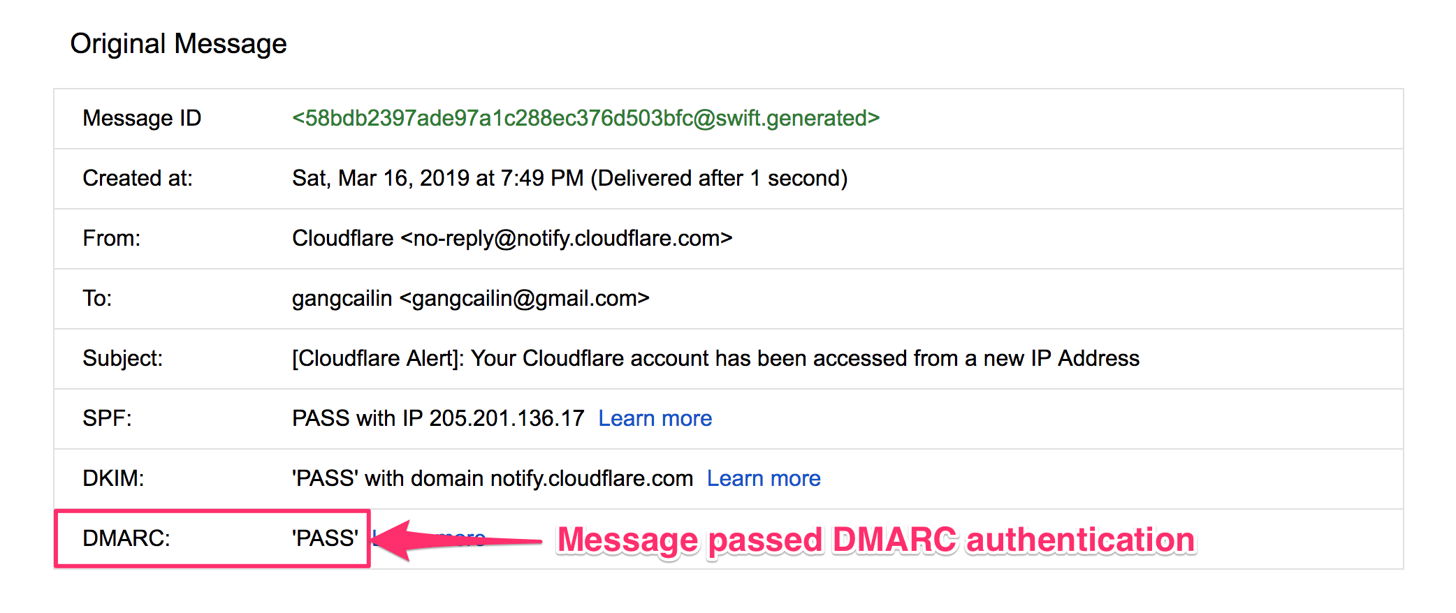 DMARC check pass in Gmail